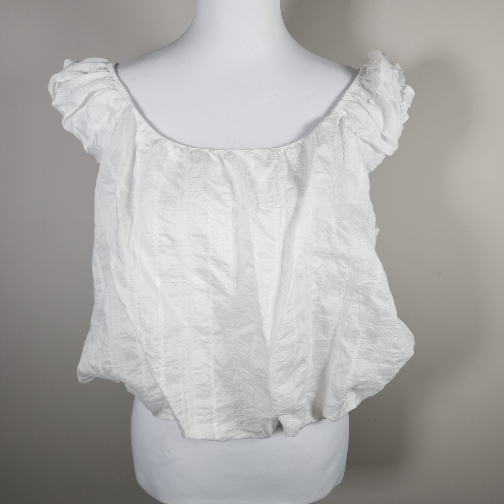 White Fairycore Bubble Hem Crop Tank Top Large‎ Ruched Ruffle Boho Summer Blouse